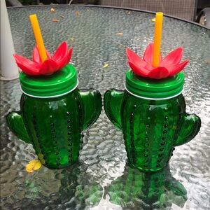 Target Green Glass Cactus Jar/Tumbler With And Straw Set of 2